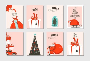 Hand drawn vector abstract fun Merry Christmas time cartoon cards collection set with cute illustrations,surprise gift boxes,xmas tree and modern calligraphy in pastel colors isolated