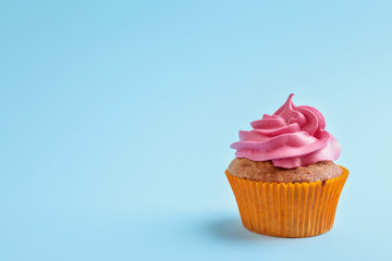 Tasty cupcake on color background