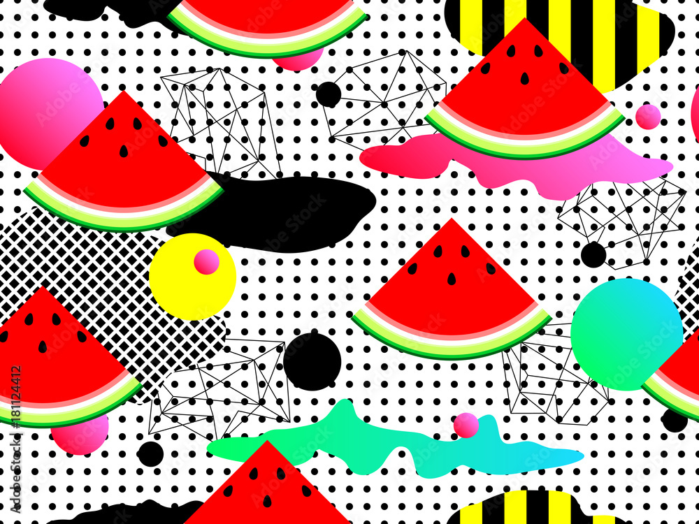 Wall mural seamless summer geometric pattern with watermelon in retro 80s 90s style. abstract vector retro memp