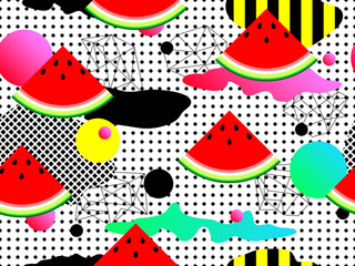 Seamless summer geometric pattern with watermelon in retro 80s 90s style. Abstract vector retro memphis design. Perfect for wallpapers, pattern fill, web background, surface texture, textile