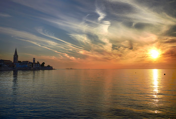 Coastal town of Rovinj, Istria, Croatia in sunset. Rovin beauty antiq city