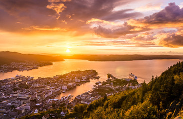 Amazing sunset view of City of Bergen from Floyen mountain. Norway.