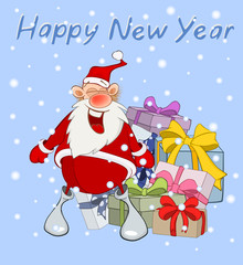 Illustration of Cute Santa Claus his friends and Christmas gifts. Greeting Card
