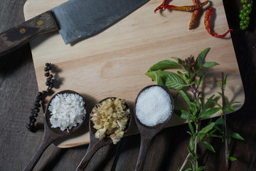 Ingredients Thai cooking food on wooden background.