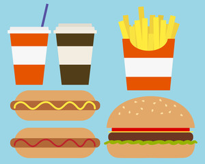 Flat design illustration of a fast food meal with food and drink, isolated on background