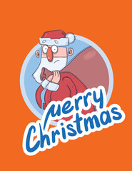 Christmas card with funny Santa Claus carrying big bag of presents. Santa looks bewildered and agitated. Lettering on orange background. Round design element. Cartoon character vector illustration.