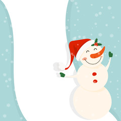 Cartoon illustration for holiday theme with snowman on winter background. Greeting card for Merry Christmas and Happy New Year. Vector illustration