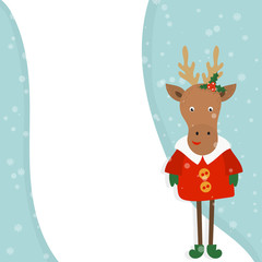 Cartoon illustration for holiday theme with deer on winter background. Greeting card for Merry Christmas and Happy New Year. Vector illustration