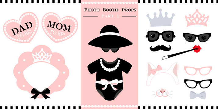 Set of  photo booth printable props for bridal, baby shower, birthday party and wedding in vintage style. Vector frame of bonnet shape. Little baby black dress - bodysuit. Template for invitation. 