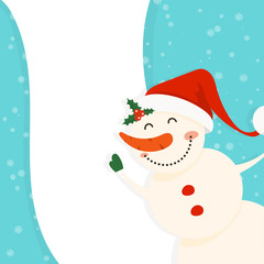 Cartoon illustration for holiday theme with snowman on winter background. Greeting card for Merry Christmas and Happy New Year. Vector illustration