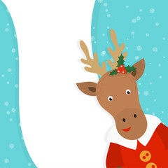 Cartoon illustration for holiday theme with deer on winter background. Greeting card for Merry Christmas and Happy New Year. Vector illustration