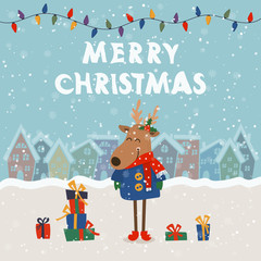 Cartoon illustration for holiday theme with deer on winter background. Greeting card for Merry Christmas and Happy New Year. Vector illustration