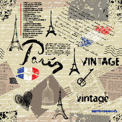 Seamless background pattern. Imitation of a vintage scrapbook collage with a Paris lettering.