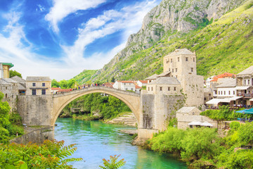 Beautiful view of the medieval town of Mostar from the Old Bridge in Bosnia and Herzegovina