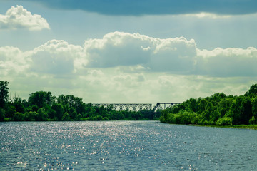Panoramic view of Indian railway bridge across the river Zuari in Goa, India