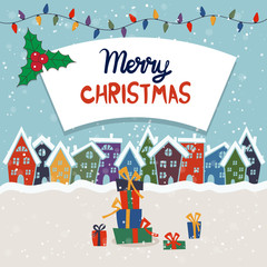 Cartoon illustration for holiday theme with sweet homes. Greeting card for Merry Christmas and Happy New Year. Vector illustration