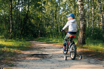 Naklejka premium child on a bicycle in the forest in early morning. Boy cycling outdoors in helmet