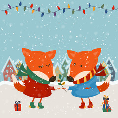 Cartoon illustration for holiday theme with two foxes on winter background. Greeting card for Merry Christmas and Happy New Year. Vector illustration