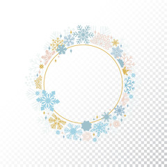 Circle snowflake frame isolated on transparent background, Christmas design. Vector illustration, merry xmas snow flake framework