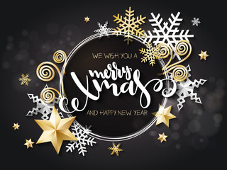 Vector illustration of christmas greeting card with hand lettering label - merry xmas - with stars, sparkles, snowflakes and swirls