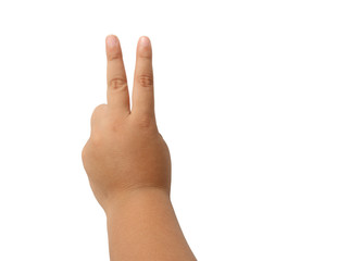 Child hand showing number two isolated on white clipping path.