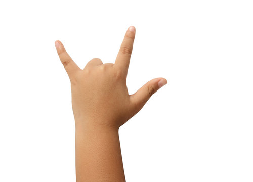 Child hand gesturing sign i love you isolated clipping path.
