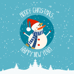 Cartoon illustration for holiday theme with snowman on winter background. Greeting card for Merry Christmas and Happy New Year. Vector illustration