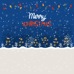 Cartoon illustration for holiday theme with sweet homes. Greeting card for Merry Christmas and Happy New Year. Vector illustration