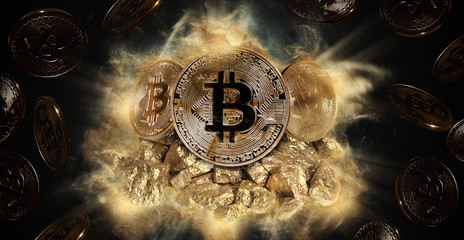 Bitcoin coin and mound of gold nuggets