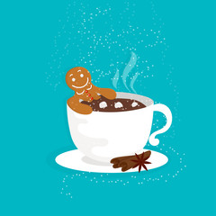 Funny cartoon illustration with gingerbread man in cup of hot chocolate. For holiday theme  on winter background. Greeting card for Merry Christmas and Happy New Year. Vector illustration