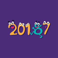 Funny cartoon illustration with numeral new and past years numbers.Greeting card for Merry Christmas and Happy New Year. Vector illustration