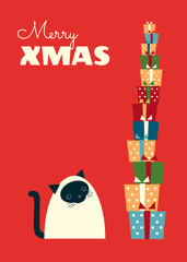 Christmas retro styled greeting card. Siamese cat sitting and looking at a high stack of gifts. Cartoon vector illustration. Red background. Vertical format. Vibrant colors.