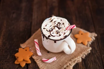 Photo sur Plexiglas Chocolat Mug of hot chocolate or cocoa with Christmas cookies and marsmallow