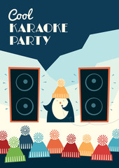 Retro styled karaoke party invitation flyer. Cute cartoon penguin singing into a microphone outdoors. A crowd is listening to the singer. Snowy landscape. Vector illustration. Vertical format.