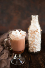 Two glasses with Hot chocolate garnished with whipped cream, marsmallow and cocoa powder on  wooden background with Cozy plaid from merinose wool