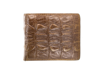 Image of brown wallet made of crocodile leather isolated on white background.