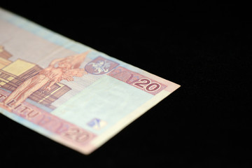 A banknote in twenty Lithuanian litas close up