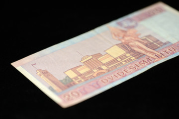 A banknote in twenty Lithuanian litas close up
