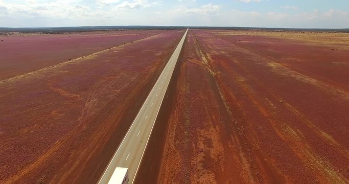 Aerial video of four wheel drive and caravan alongside highway in the outback of Western Australia surrounded by pink wildflowers.