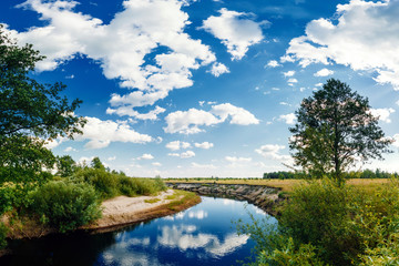 Fototapeta na wymiar Beautiful summer landscape with river and blue sky in Belarus Russia