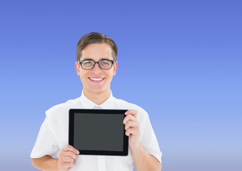 Man holding tablet with blue background