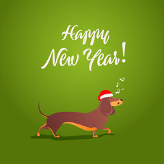 Fototapeta na wymiar Funny dog sings song. Happy New Year collection. Happy holidays template. Cartoon animals. Xmas 2018 card.