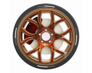 Obraz premium 3D render of a sport aluminium car wheel and brake disc isolated on white background