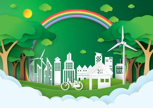 Eco green city.Save the world and environment conservation concept.Urban landscape for green energy paper art style.Vector illustration.