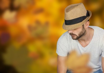 Man in forest with leaves