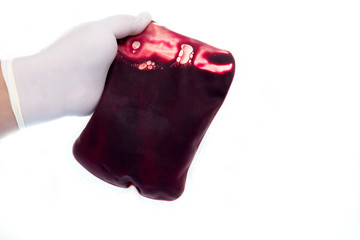 Scientists holding a blood bag on a white background.