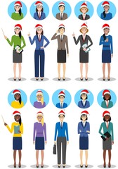 Christmas business team. Set of detailed illustration of business women in Santa Claus hats in flat style on white background. Different characters avatars icons set. Flat design people characters.