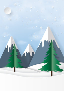 Snow and winter season nature landscape paper art style.Vector illustration.
