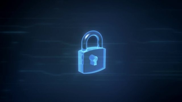Blue 3d lock spinning with light effects on a digital background, loop animation