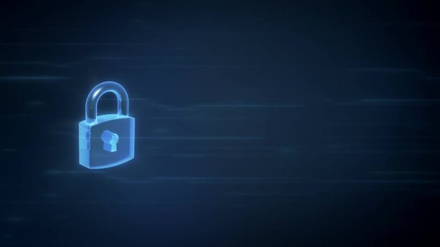 Blue 3d lock spinning with light effects on a digital background and area for your content, loop animation